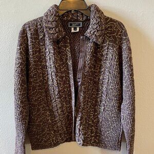 ZASHI RUCHED BROWN WITH GOLD DESIGN ZIP FRONT JACKET. Size medium